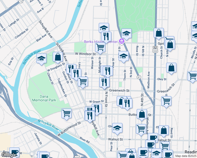 map of restaurants, bars, coffee shops, grocery stores, and more near 138 West Oley Street in Reading