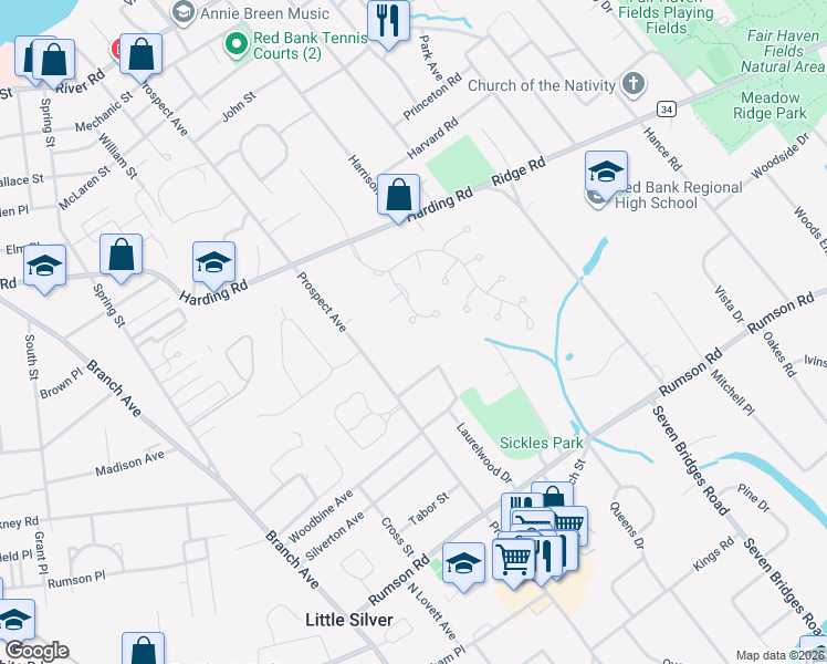 map of restaurants, bars, coffee shops, grocery stores, and more near 33 Rosslyn Court in Little Silver