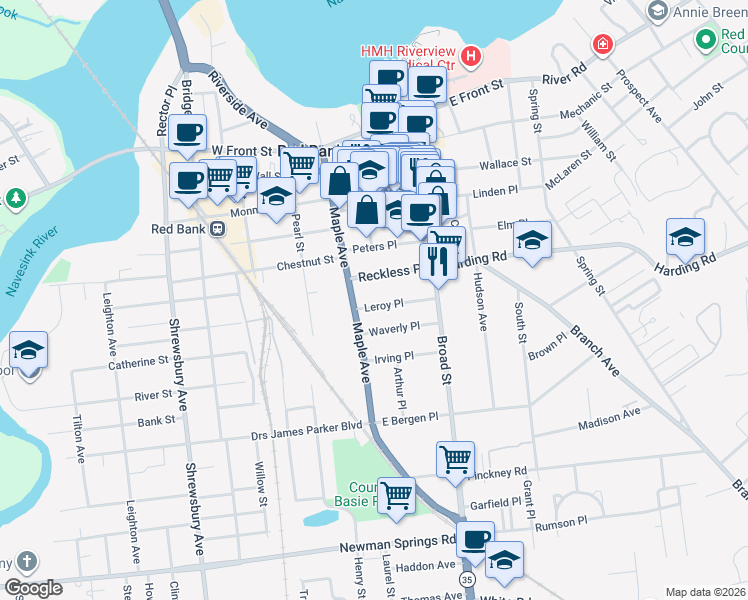 map of restaurants, bars, coffee shops, grocery stores, and more near 45 Leroy Place in Red Bank