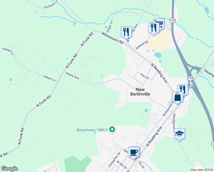 map of restaurants, bars, coffee shops, grocery stores, and more near 210 Henry Avenue in Boyertown
