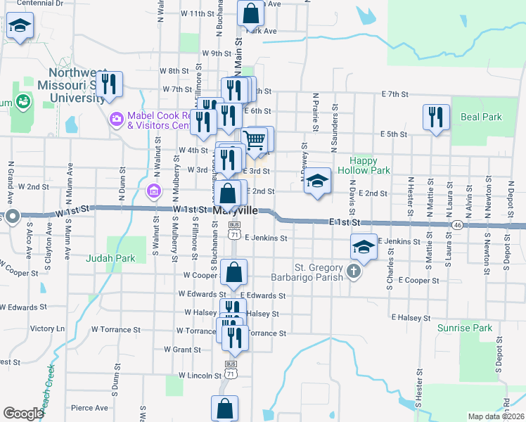 map of restaurants, bars, coffee shops, grocery stores, and more near 302 East 1st Street in Maryville
