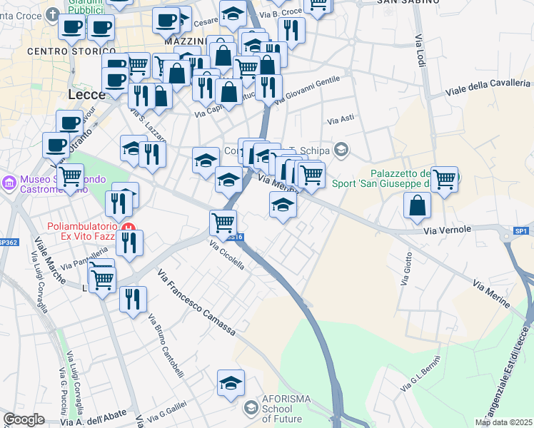 map of restaurants, bars, coffee shops, grocery stores, and more near Via Federico Zeri in Lecce
