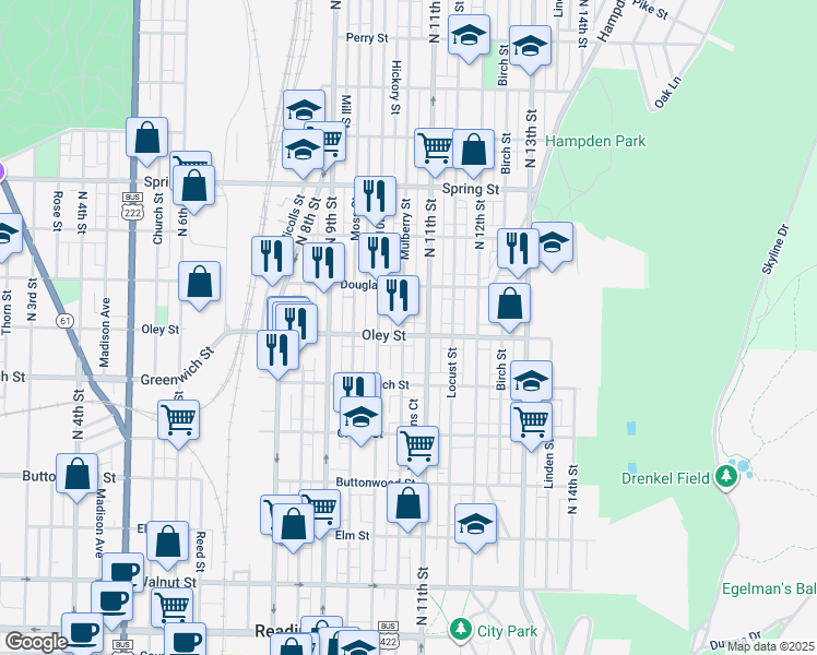 map of restaurants, bars, coffee shops, grocery stores, and more near 1031 Oley Street in Reading