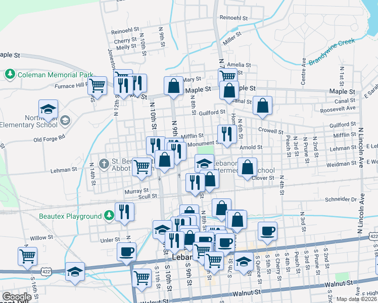 map of restaurants, bars, coffee shops, grocery stores, and more near 830 Lehman Street in Lebanon