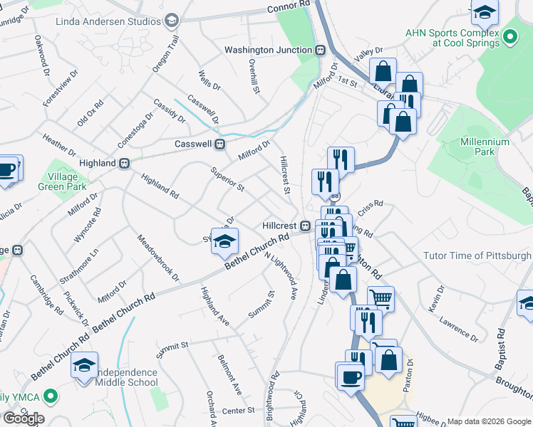 map of restaurants, bars, coffee shops, grocery stores, and more near 2405 Morrow Place in Bethel Park