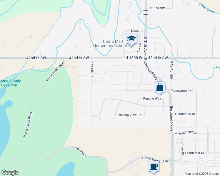 map of restaurants, bars, coffee shops, grocery stores, and more near 1633 Murrlet Street in Berthoud