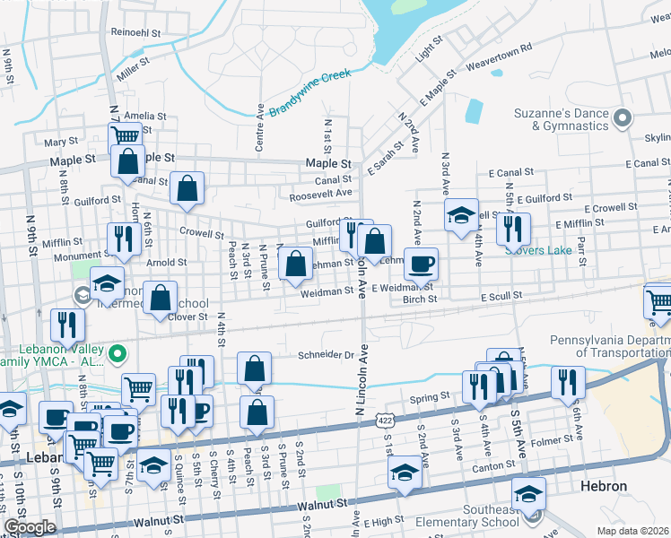 map of restaurants, bars, coffee shops, grocery stores, and more near 355 Harrison Street in Lebanon