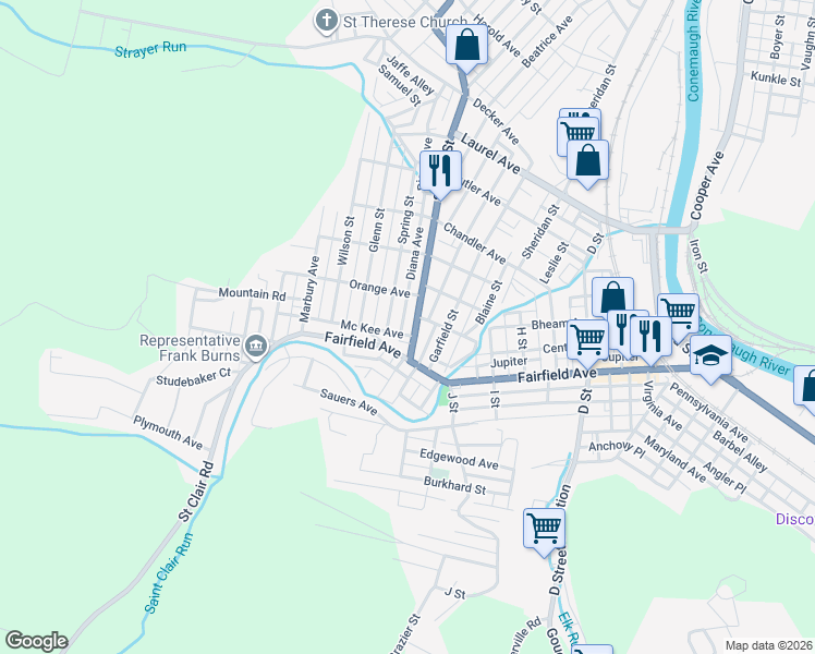 map of restaurants, bars, coffee shops, grocery stores, and more near 332 Fairfield Avenue in Johnstown