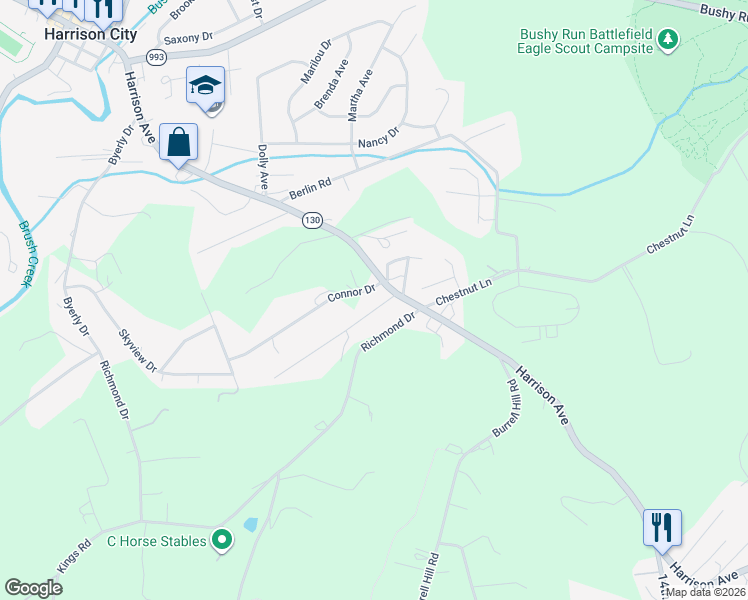 map of restaurants, bars, coffee shops, grocery stores, and more near 5 Fritchman Drive in Jeannette
