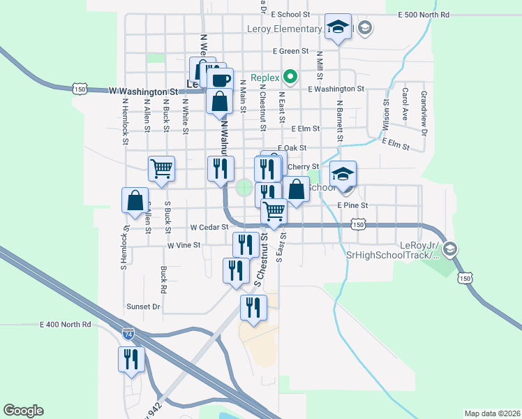 map of restaurants, bars, coffee shops, grocery stores, and more near 207 S Chestnut St in Le Roy