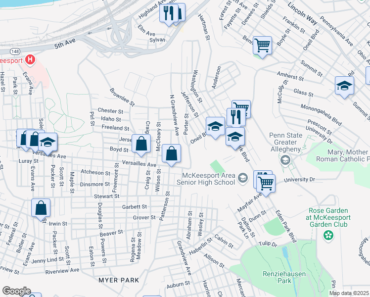 map of restaurants, bars, coffee shops, grocery stores, and more near 1100 Oneil Boulevard in McKeesport