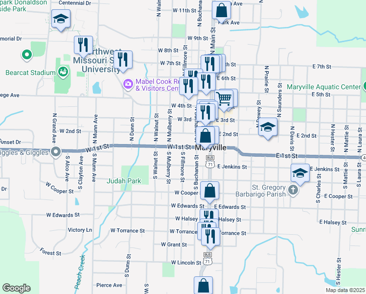 map of restaurants, bars, coffee shops, grocery stores, and more near 101 South Fillmore Street in Maryville