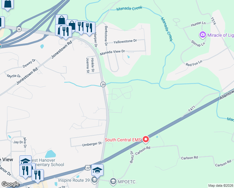 map of restaurants, bars, coffee shops, grocery stores, and more near 8100 Lenker Drive in Harrisburg