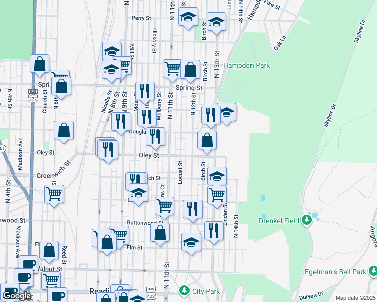 map of restaurants, bars, coffee shops, grocery stores, and more near 710 North 12th Street in Reading