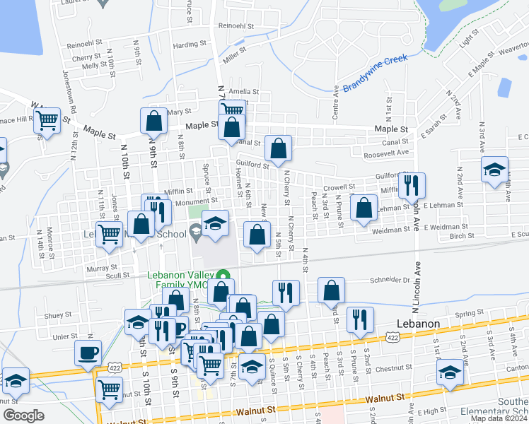 map of restaurants, bars, coffee shops, grocery stores, and more near 406 New Street in Lebanon