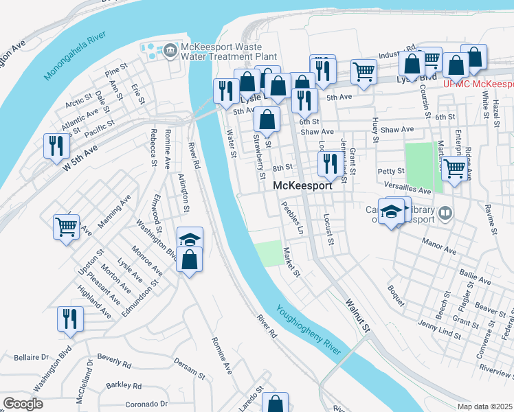 map of restaurants, bars, coffee shops, grocery stores, and more near 100 9th Street in McKeesport