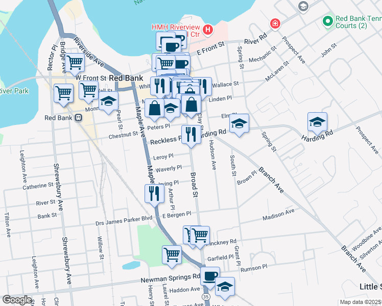 map of restaurants, bars, coffee shops, grocery stores, and more near Broad Street & Leroy Place in Red Bank