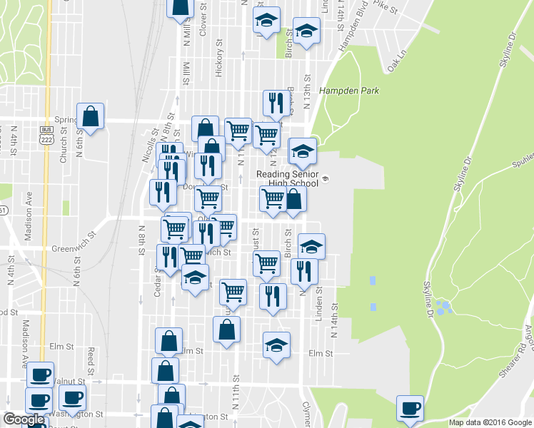 map of restaurants, bars, coffee shops, grocery stores, and more near 710 North 12th Street in Reading