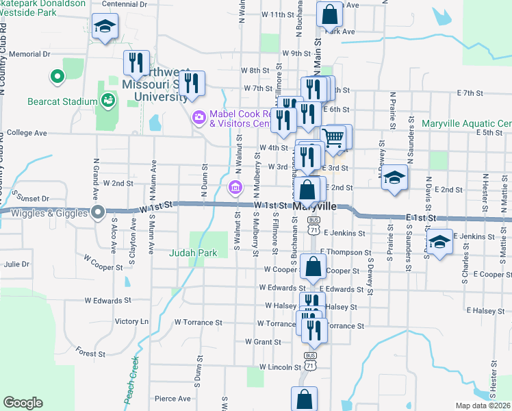 map of restaurants, bars, coffee shops, grocery stores, and more near 101 South Mulberry Street in Maryville