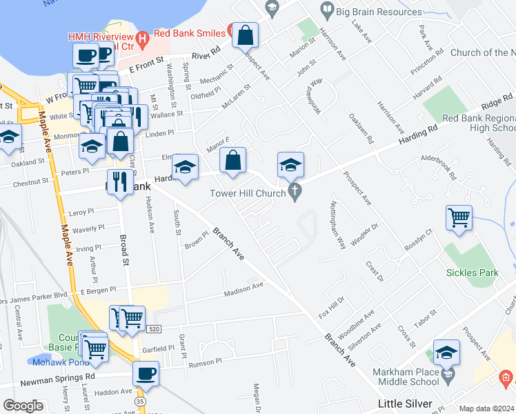 map of restaurants, bars, coffee shops, grocery stores, and more near 251 Spring Street in Red Bank