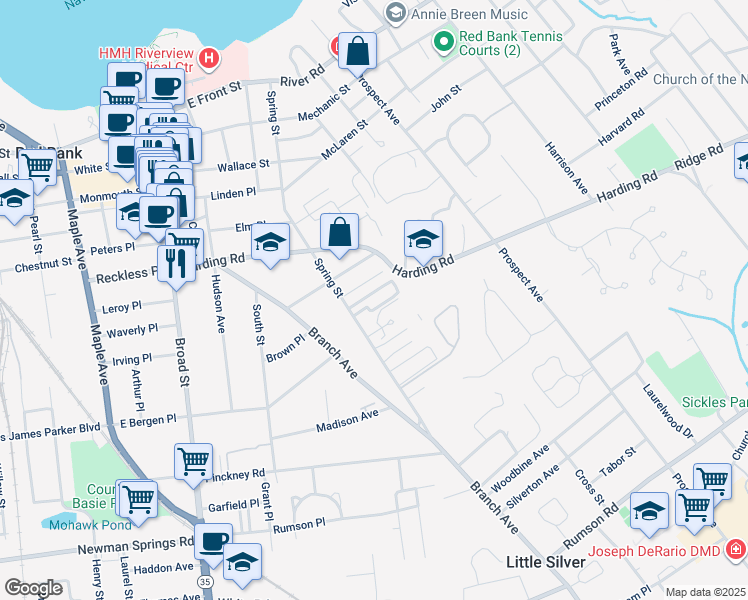 map of restaurants, bars, coffee shops, grocery stores, and more near 251 Spring Street in Red Bank