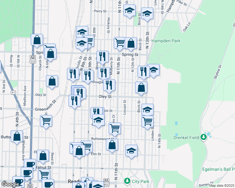 map of restaurants, bars, coffee shops, grocery stores, and more near 1038 Oley Street in Reading
