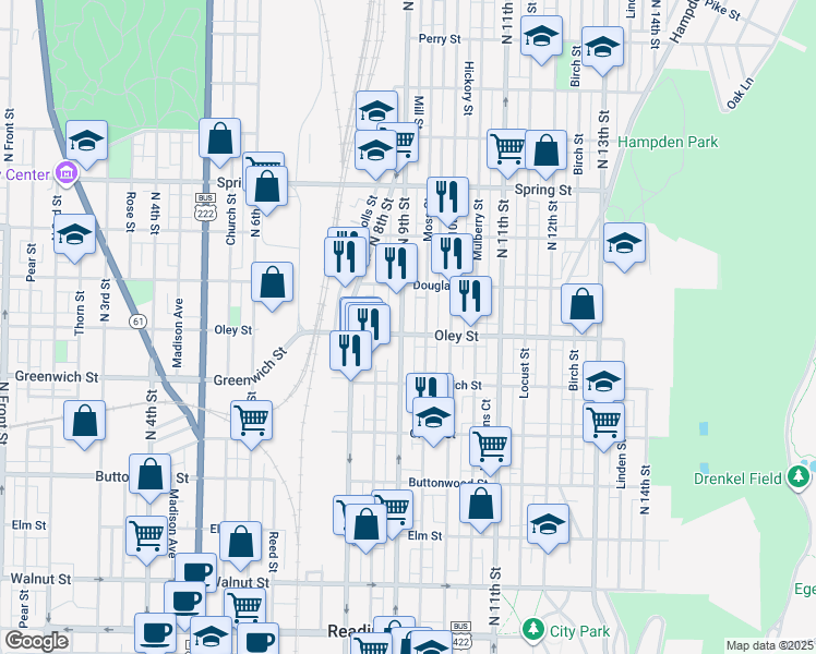 map of restaurants, bars, coffee shops, grocery stores, and more near 649 North 9th Street in Reading