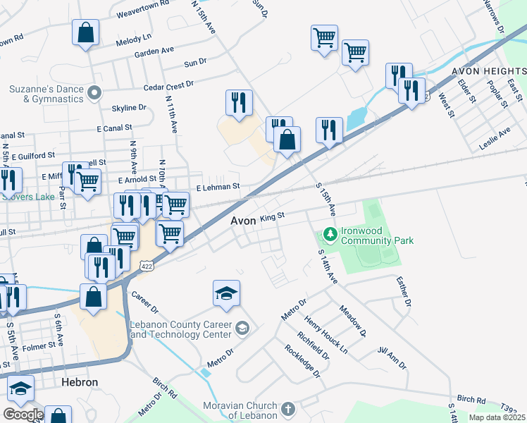 map of restaurants, bars, coffee shops, grocery stores, and more near 1220 King Street in Lebanon