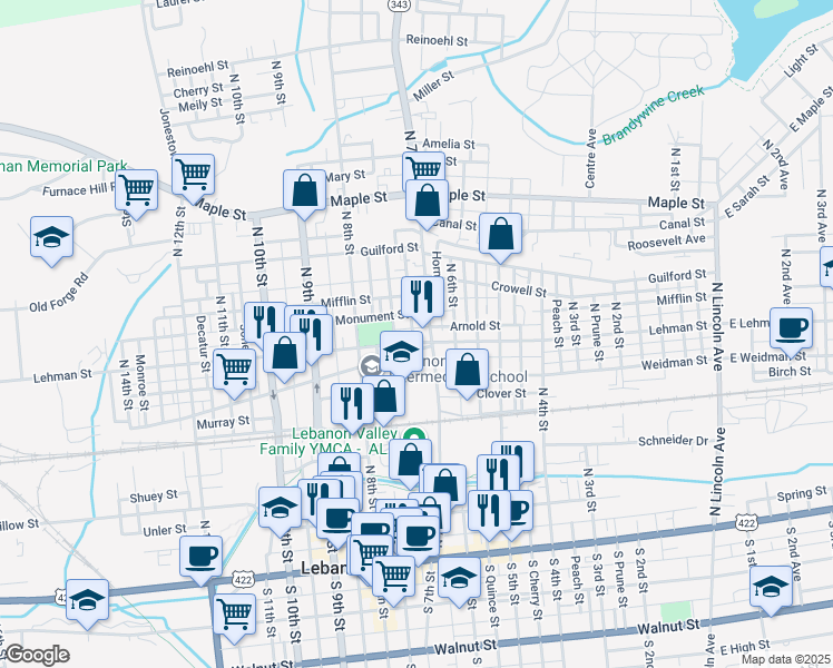 map of restaurants, bars, coffee shops, grocery stores, and more near 726 Lehman Street in Lebanon
