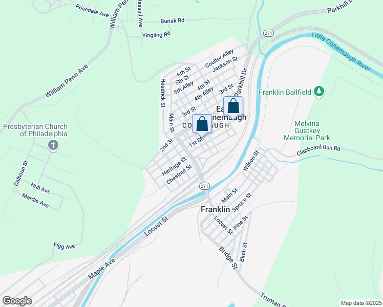 map of restaurants, bars, coffee shops, grocery stores, and more near 400-418 Chestnut St in Johnstown
