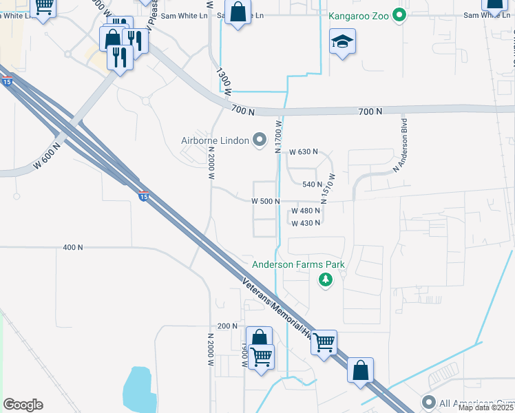 map of restaurants, bars, coffee shops, grocery stores, and more near 1777 West 500 North in Lindon