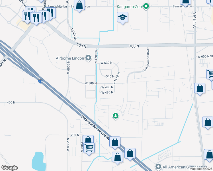map of restaurants, bars, coffee shops, grocery stores, and more near 1596 West 480 North in Lindon