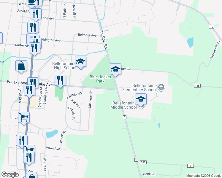 map of restaurants, bars, coffee shops, grocery stores, and more near Township Highway 185 in Bellefontaine