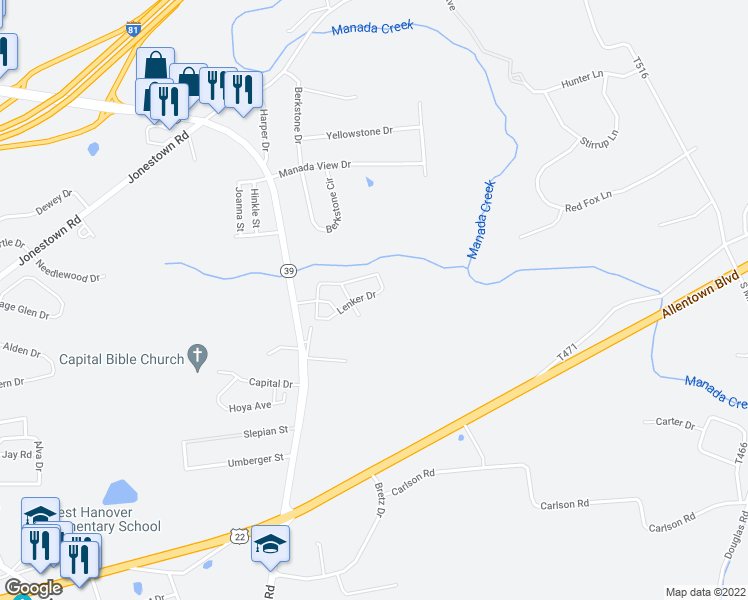 map of restaurants, bars, coffee shops, grocery stores, and more near 8152 Lenker Drive in Harrisburg