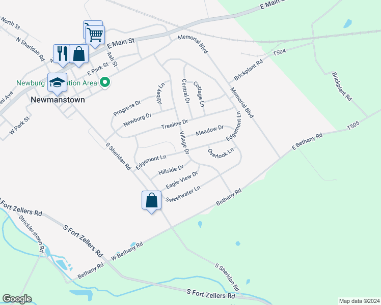 map of restaurants, bars, coffee shops, grocery stores, and more near 127 Edgemont Lane in Newmanstown