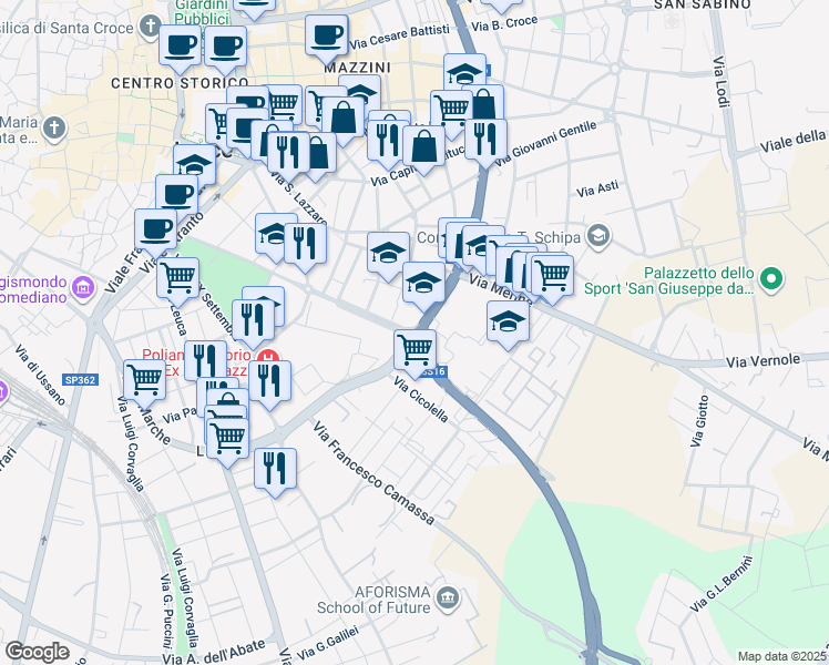 map of restaurants, bars, coffee shops, grocery stores, and more near Viale Gioacchino Rossini in Lecce