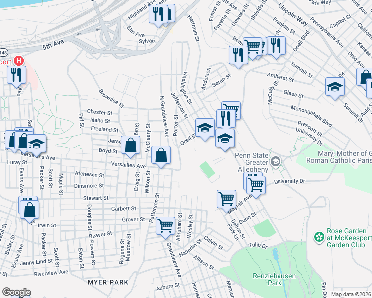map of restaurants, bars, coffee shops, grocery stores, and more near 1304 Freemont Street in McKeesport