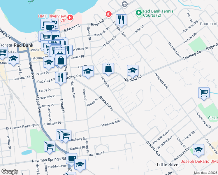 map of restaurants, bars, coffee shops, grocery stores, and more near Spring Street & Highland Avenue in Red Bank