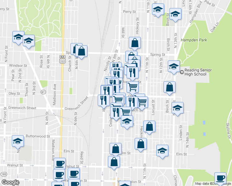 map of restaurants, bars, coffee shops, grocery stores, and more near 649 North 9th Street in Reading