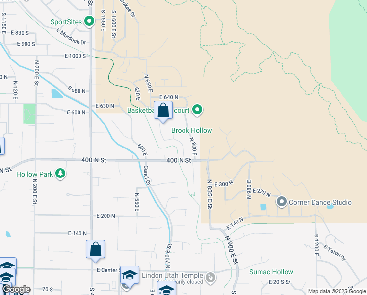 map of restaurants, bars, coffee shops, grocery stores, and more near 449 North 750 East in Lindon