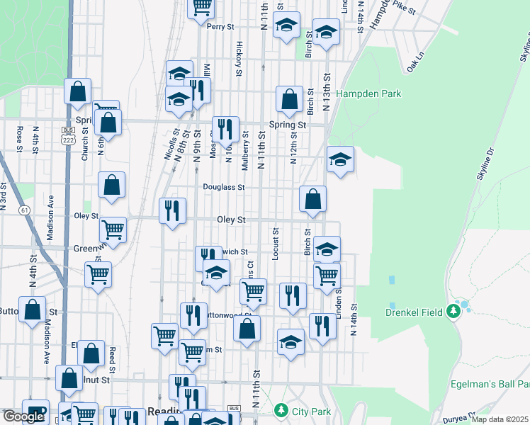 map of restaurants, bars, coffee shops, grocery stores, and more near 713 North 11th Street in Reading