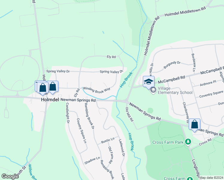 map of restaurants, bars, coffee shops, grocery stores, and more near 29 Winding Brook Way in Holmdel