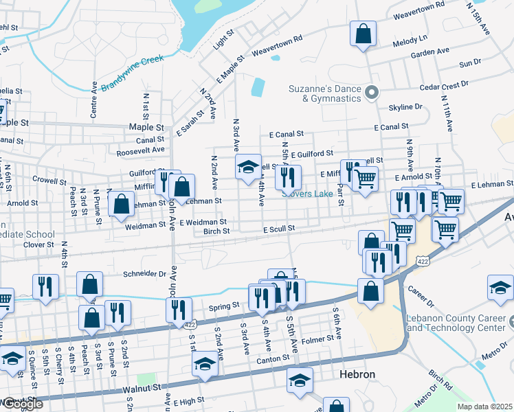 map of restaurants, bars, coffee shops, grocery stores, and more near 440 East Weidman Street in Lebanon