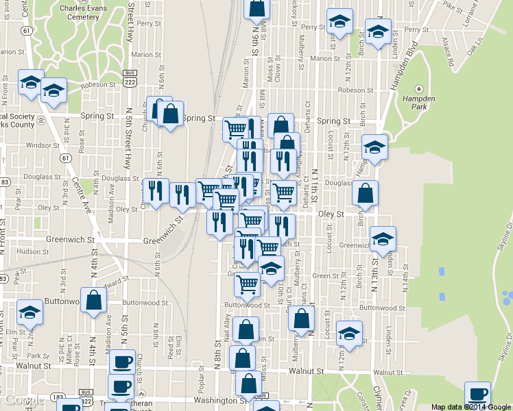 map of restaurants, bars, coffee shops, grocery stores, and more near 711 N 9th St in Reading