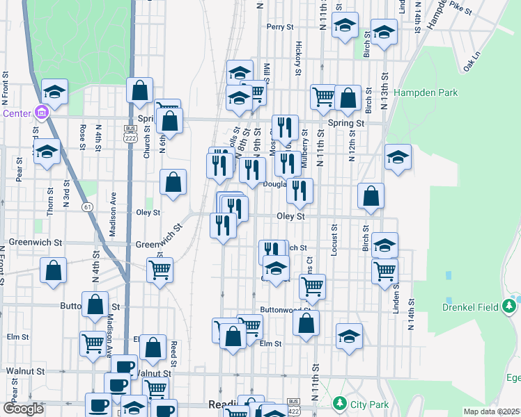 map of restaurants, bars, coffee shops, grocery stores, and more near 711 N 9th St in Reading