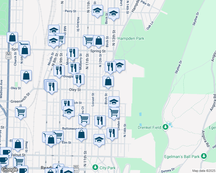 map of restaurants, bars, coffee shops, grocery stores, and more near in Reading