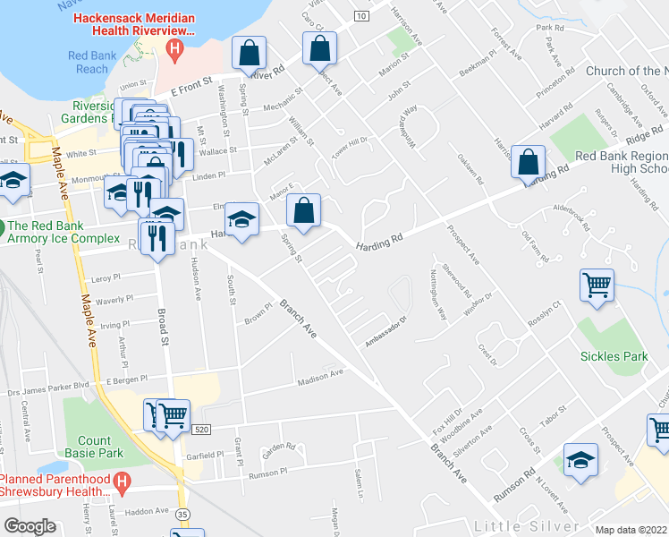map of restaurants, bars, coffee shops, grocery stores, and more near 239 Spring Street in Red Bank