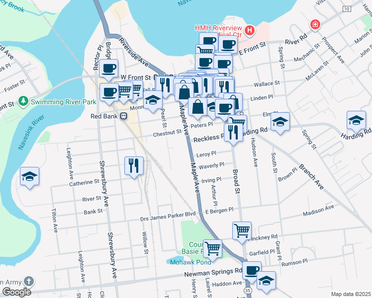 map of restaurants, bars, coffee shops, grocery stores, and more near 152 Maple Avenue in Red Bank