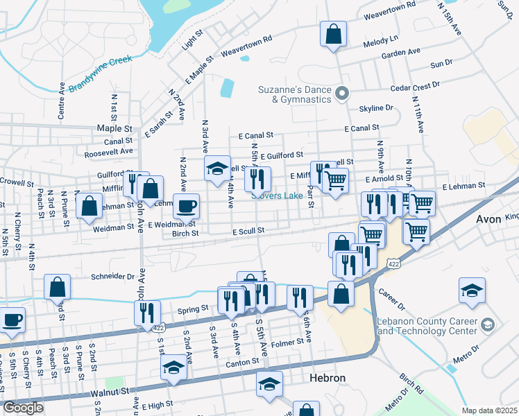 map of restaurants, bars, coffee shops, grocery stores, and more near 504 East Weidman Street in Lebanon
