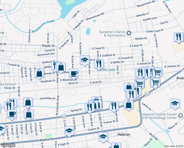 map of restaurants, bars, coffee shops, grocery stores, and more near 408 East Lehman Street in Lebanon
